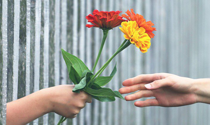 Two people exchanging vibrant flowers