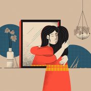 Girl hugging herself coming out of a mirror
