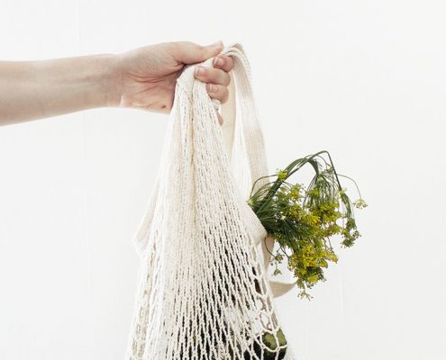 Flowers being held in a string bag