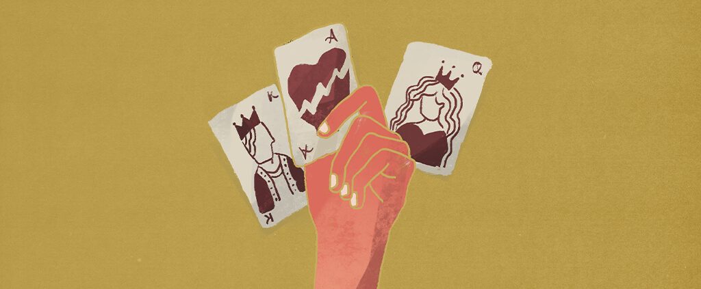 Illustration of hand holding playing cards