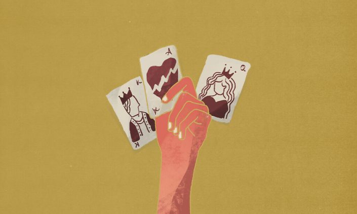 Illustration of hand holding playing cards