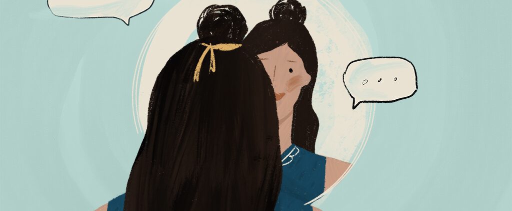 Illustration of girl talking to herself in the mirror