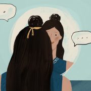 Illustration of girl talking to herself in the mirror