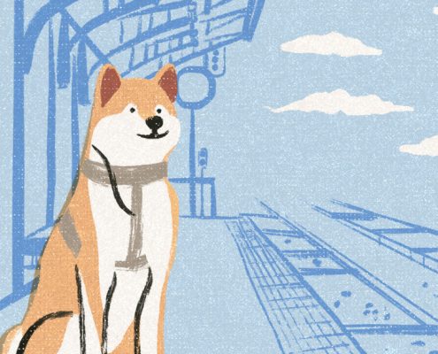 image of a shiba inu dog waiting patiently in a station