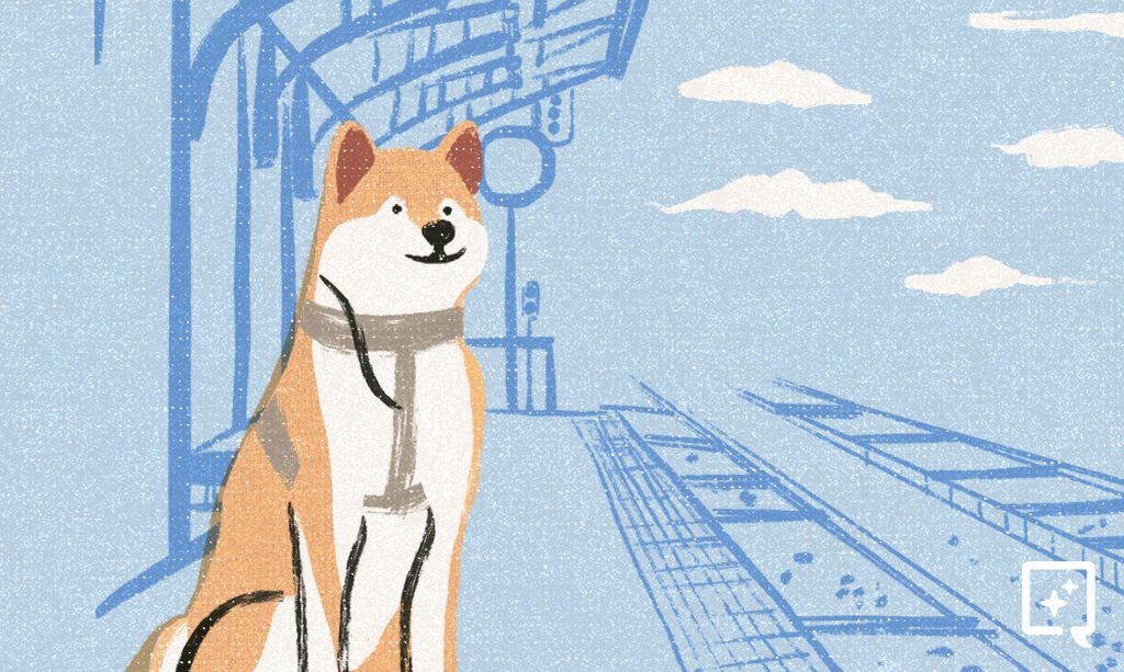 image of a shiba inu dog waiting patiently in a station