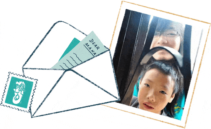 image of letter, envelope, and photo of a woman and a boy