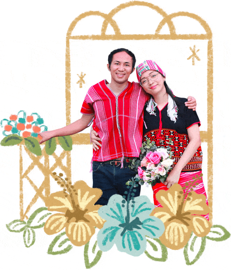 image of a couple Singaporean-Thai with flowers