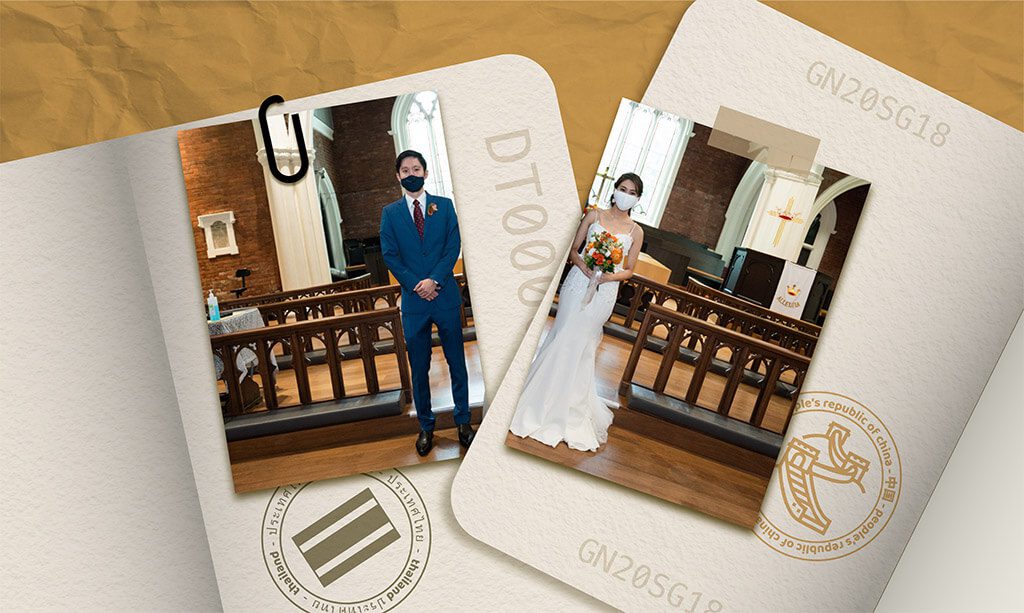 image of passports and wedding photo split in half