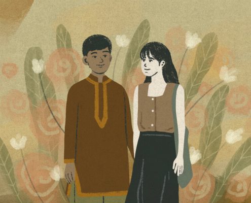 Illustration of an interracial couple holding hands