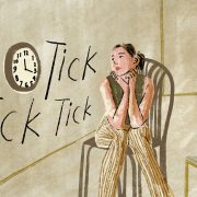 Illustration of a girl sitting in a chair staring at the clock