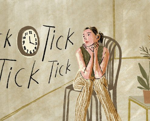 graphic image of a woman looking at the clock