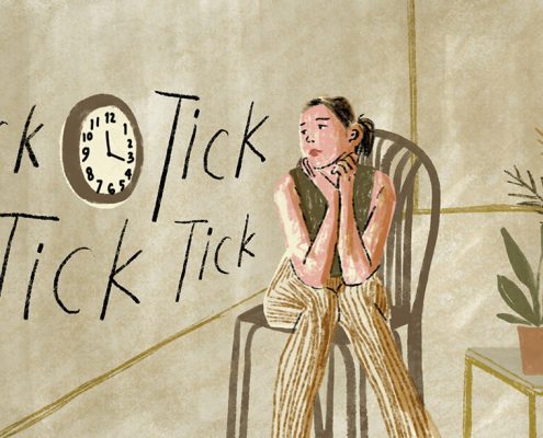 Illustration of a girl sitting in a chair staring at the clock