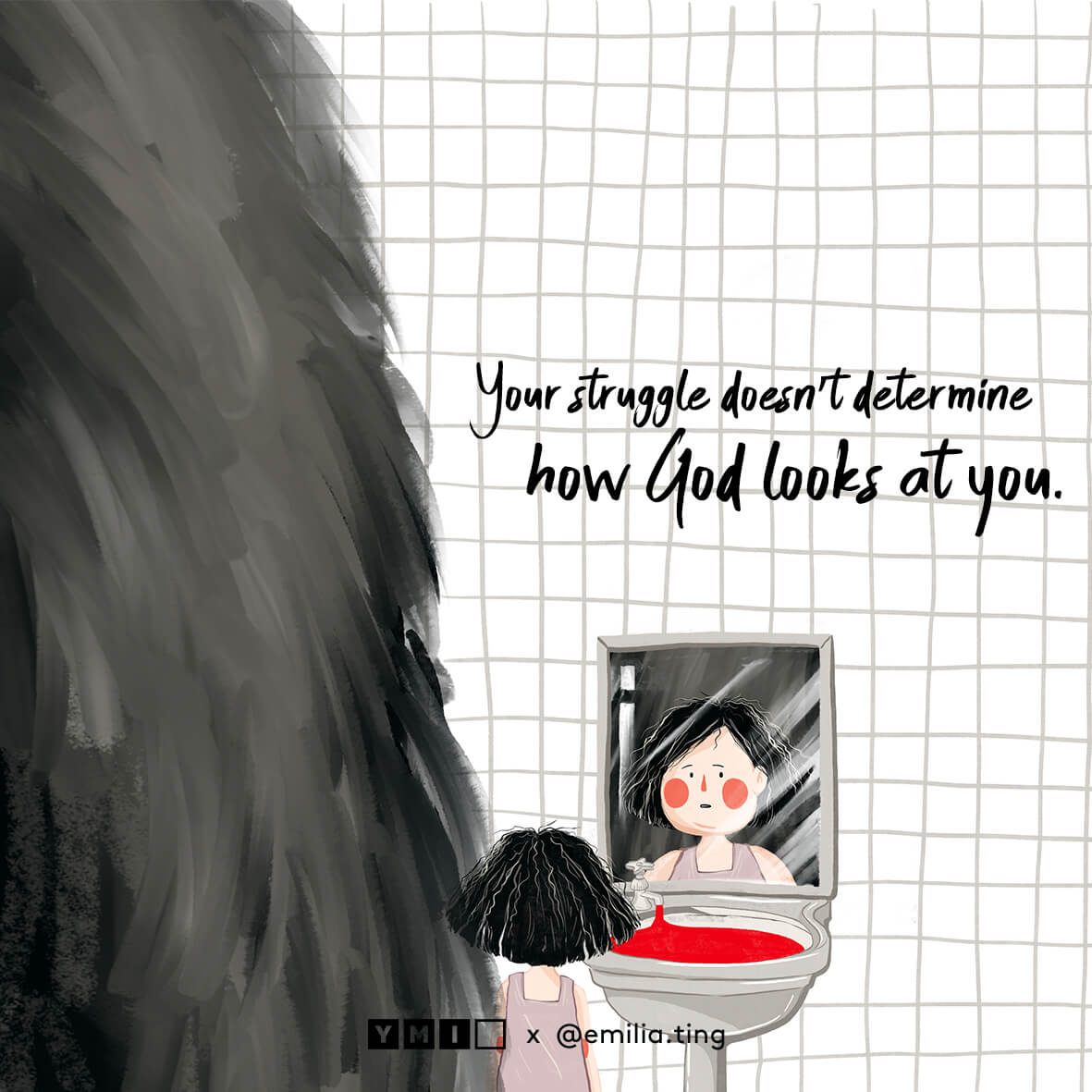 Image of monster standing behind a girl looking at herself in the mirror