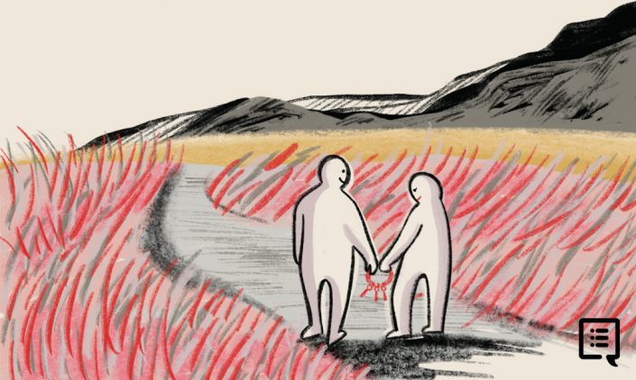 Illustration of a couple walking holding a ring of keys together