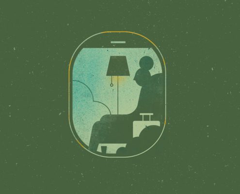 Illustration of a person sitting in living room but through a airplane window