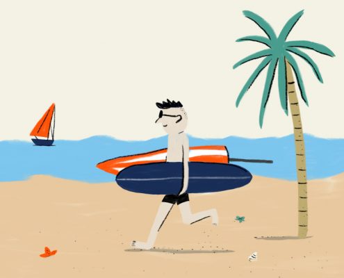 Man walking on the beach with a surfboard and umbrella