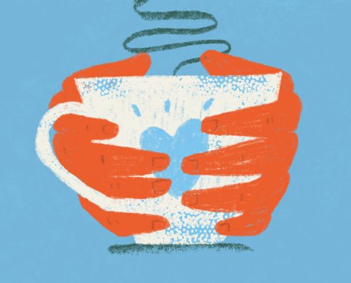Illustration of hands holding a cup of tea