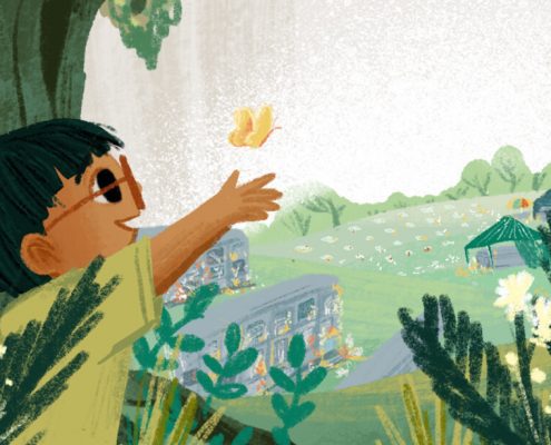 Illustration of boy chasing a butterfly