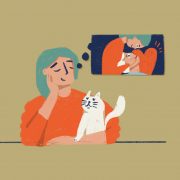 Illustration of a lady with cat dreaming of a relationship