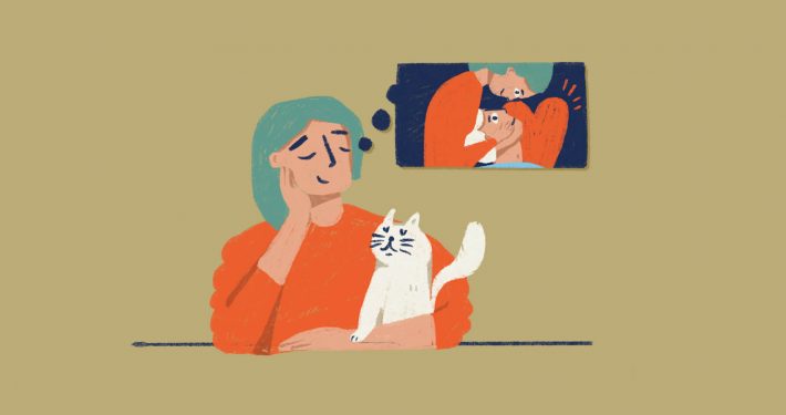 Illustration of a lady with cat dreaming of a relationship