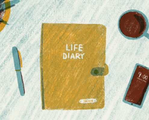 An illustration of a diary, coffee cup, handphone, pen and plant on a table