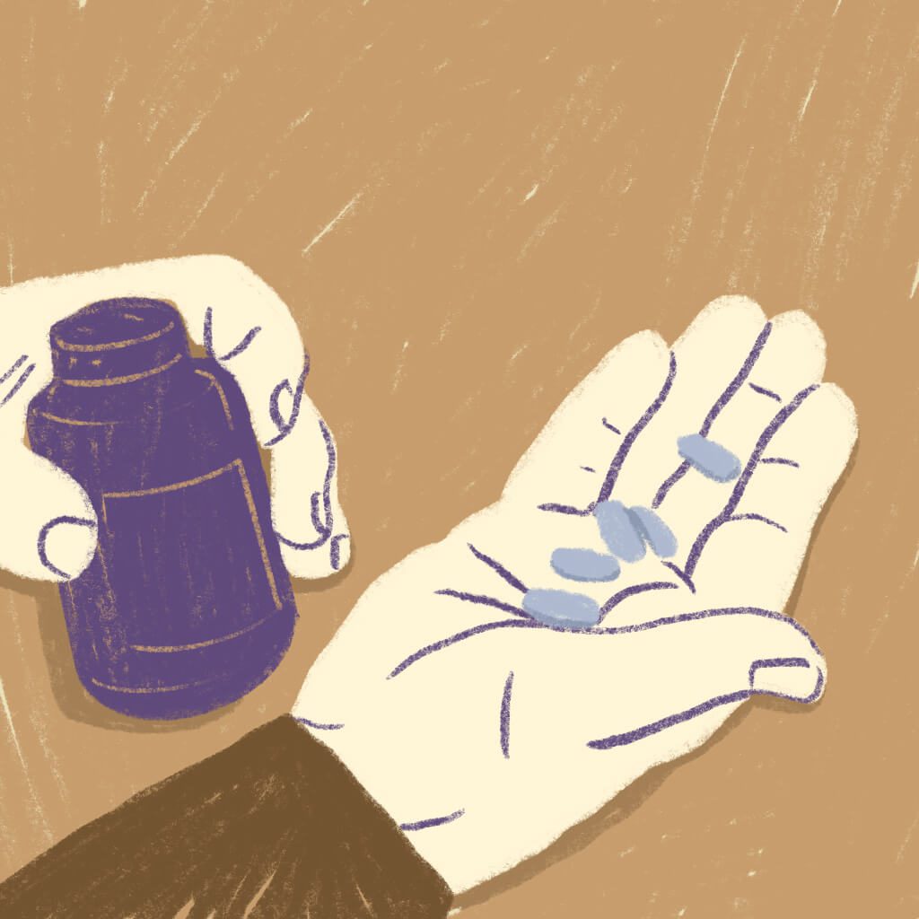 Illustration of a hand with painkillers on them
