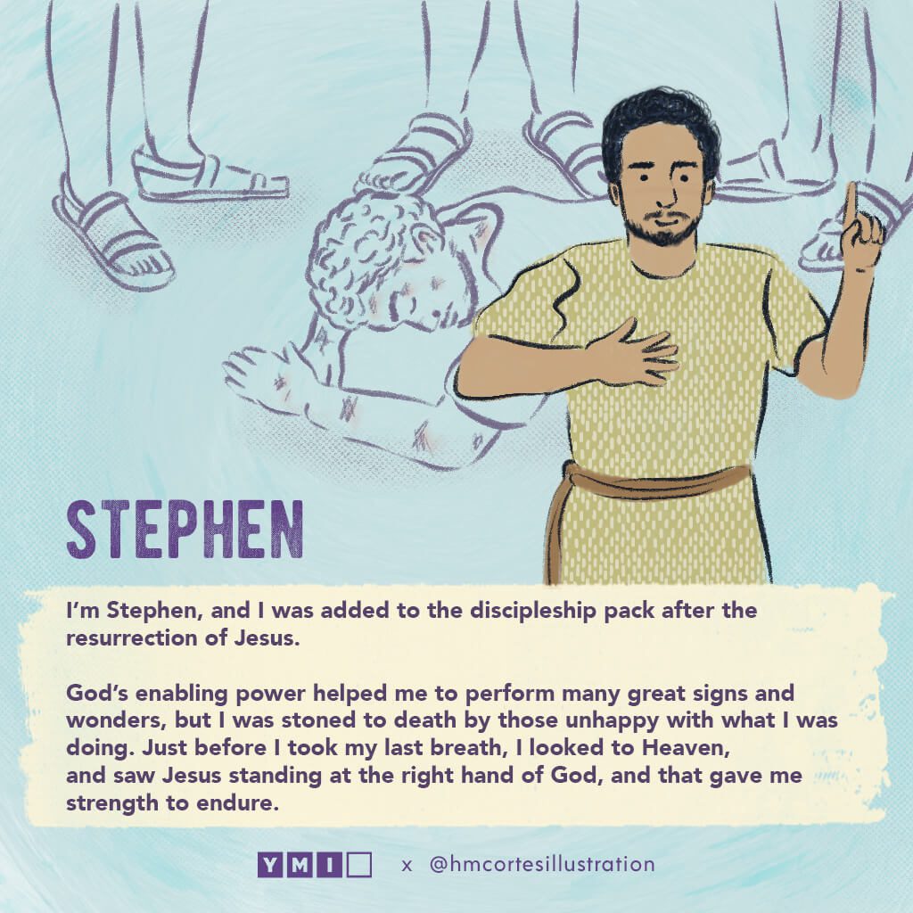 Illustration of Stephen and him stoned to death behind him