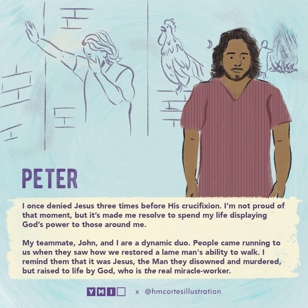 Illustration of Peter and his denial of Jesus behind him