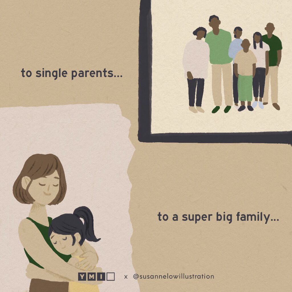 Illustration of single parent and big family