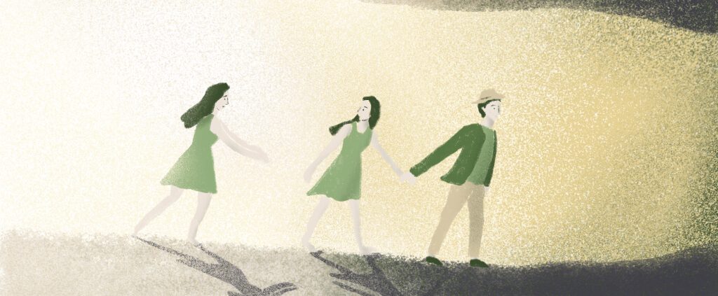 Illustration of a couple holding hands walking away from her friend