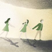 Illustration of a couple holding hands walking away from her friend