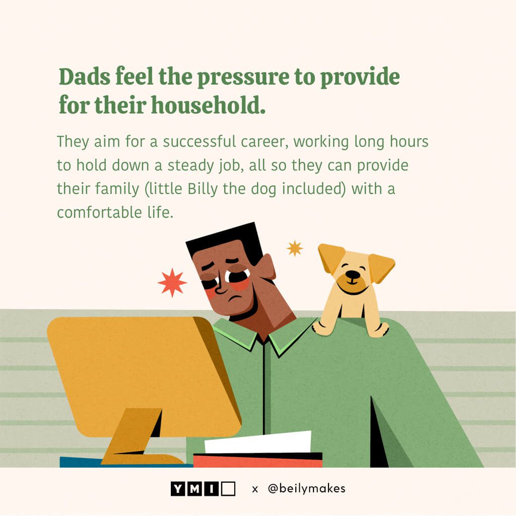 Illustration of a Dad working hard with a dog on his shoulders