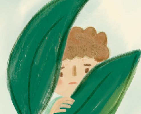 Illustration of a boy hiding behind a leaf