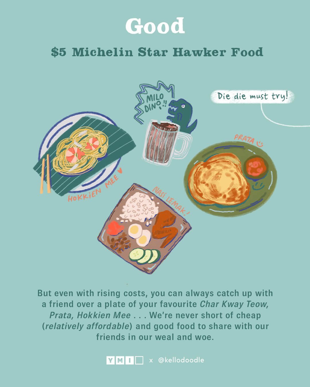 Illustration of Hokkien mee, nasi lemak, milo dinosaur and prata