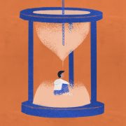 Illustration of man waiting in a sand timer with rope at the top