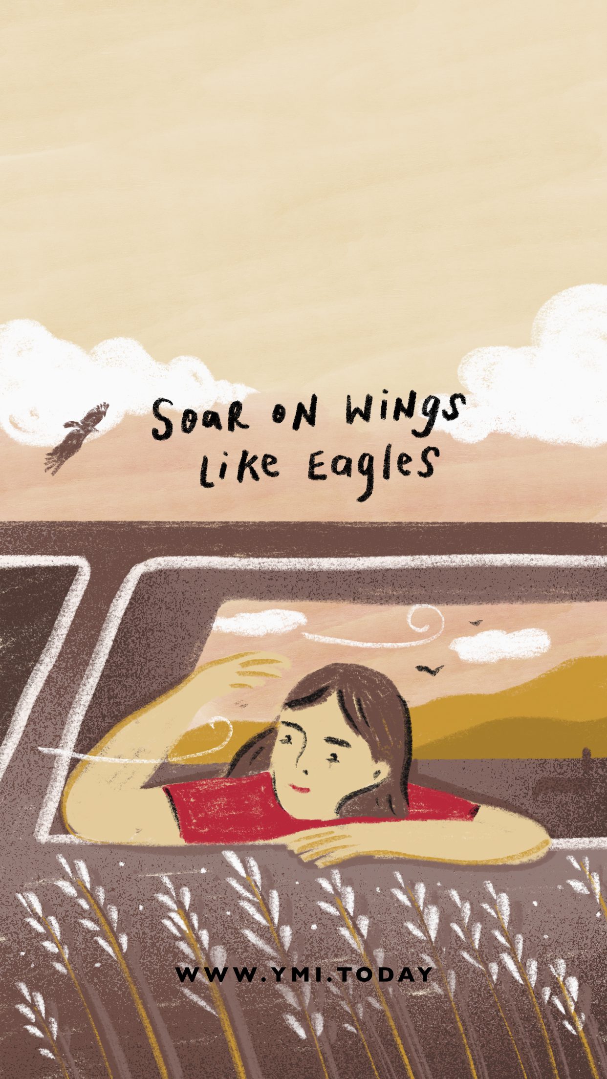 Illustration of girl in car with her hand mimicking an flying eagle