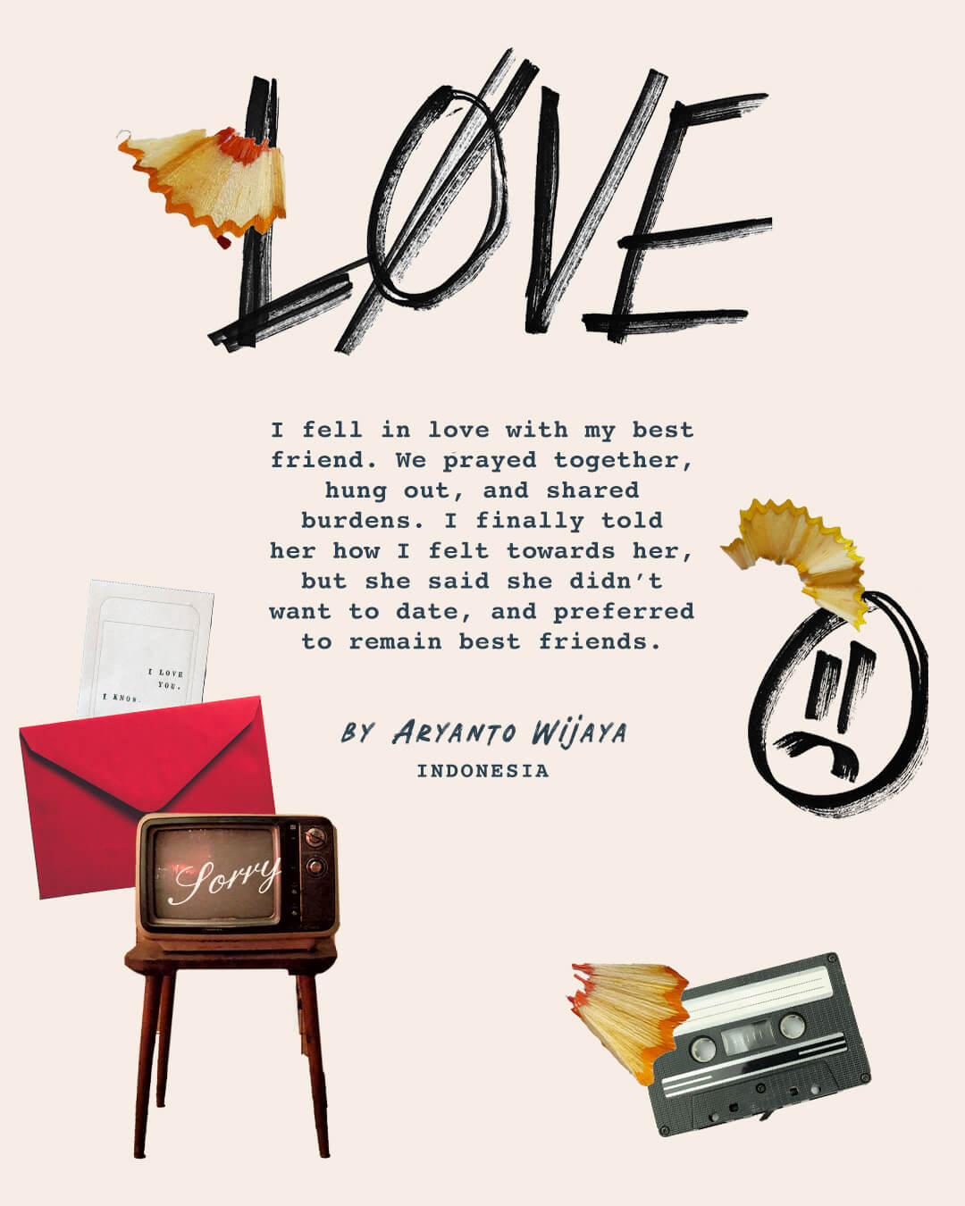 Image of love letter, cassette tape and a old retro tv