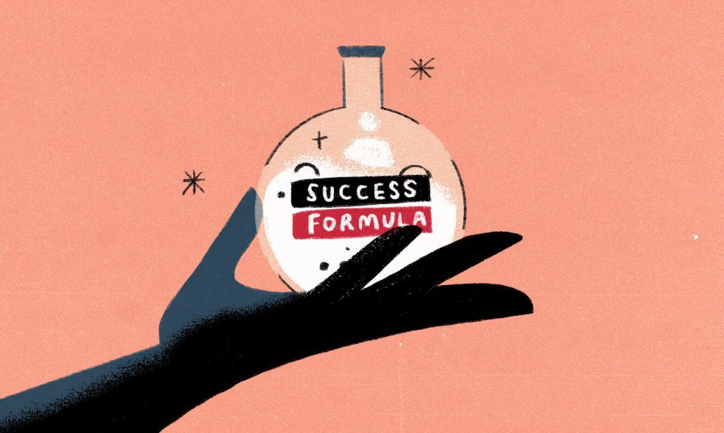 Illustration of a hand holding a beaker with success formula label