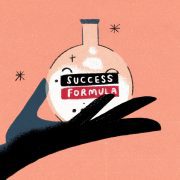 Illustration of a hand holding a beaker with success formula label