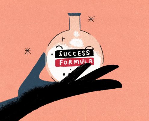 Illustration of a hand holding a beaker with success formula label