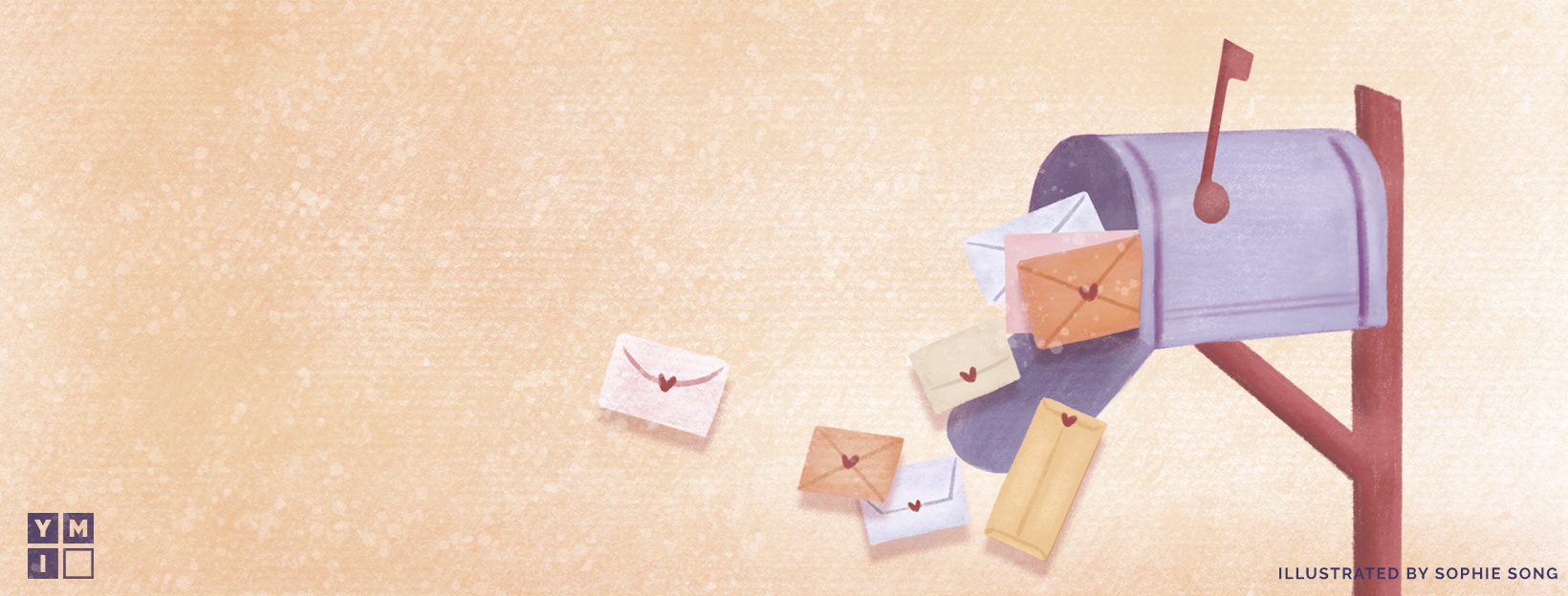 Illustration of a letter box bursting with love letters