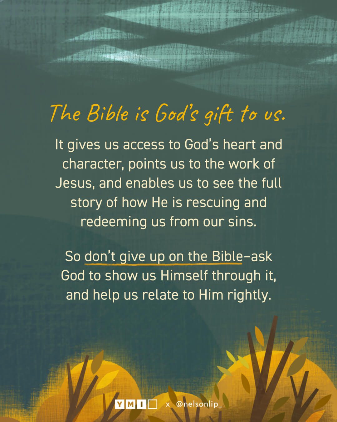 Background with the text of "The Bible is God’s gift to us. It gives us access to God’s heart and character, points us to the work of Jesus, and enables us to see the full story of how He is rescuing and redeeming us from our sins. So don’t give up on the Bible–ask God to show us Himself through it, and help us relate to Him rightly." 