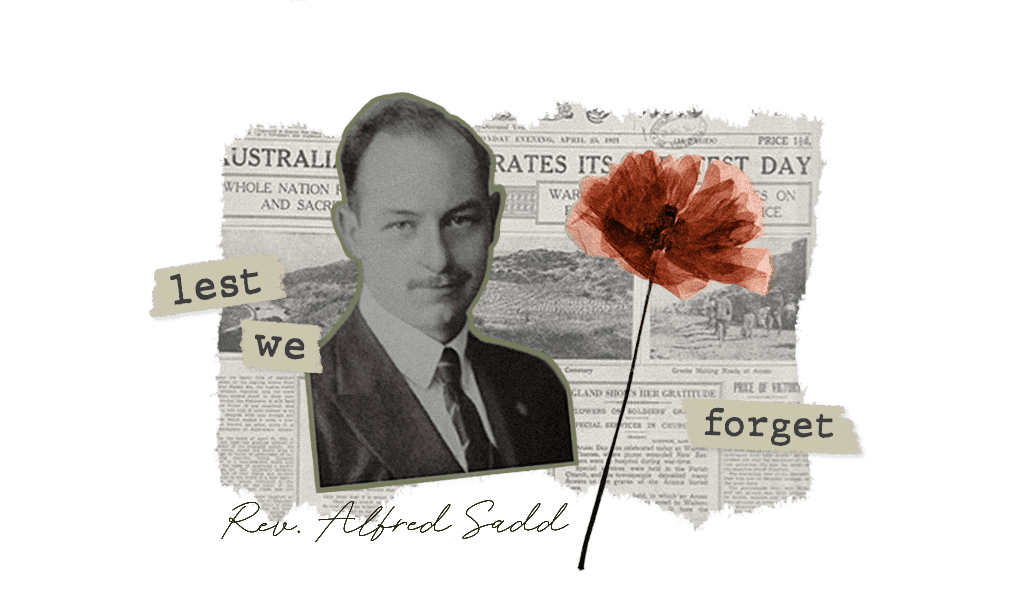 Collage of Reverend Sadd with ANZAC day newspaper clipping and dried poppy.
