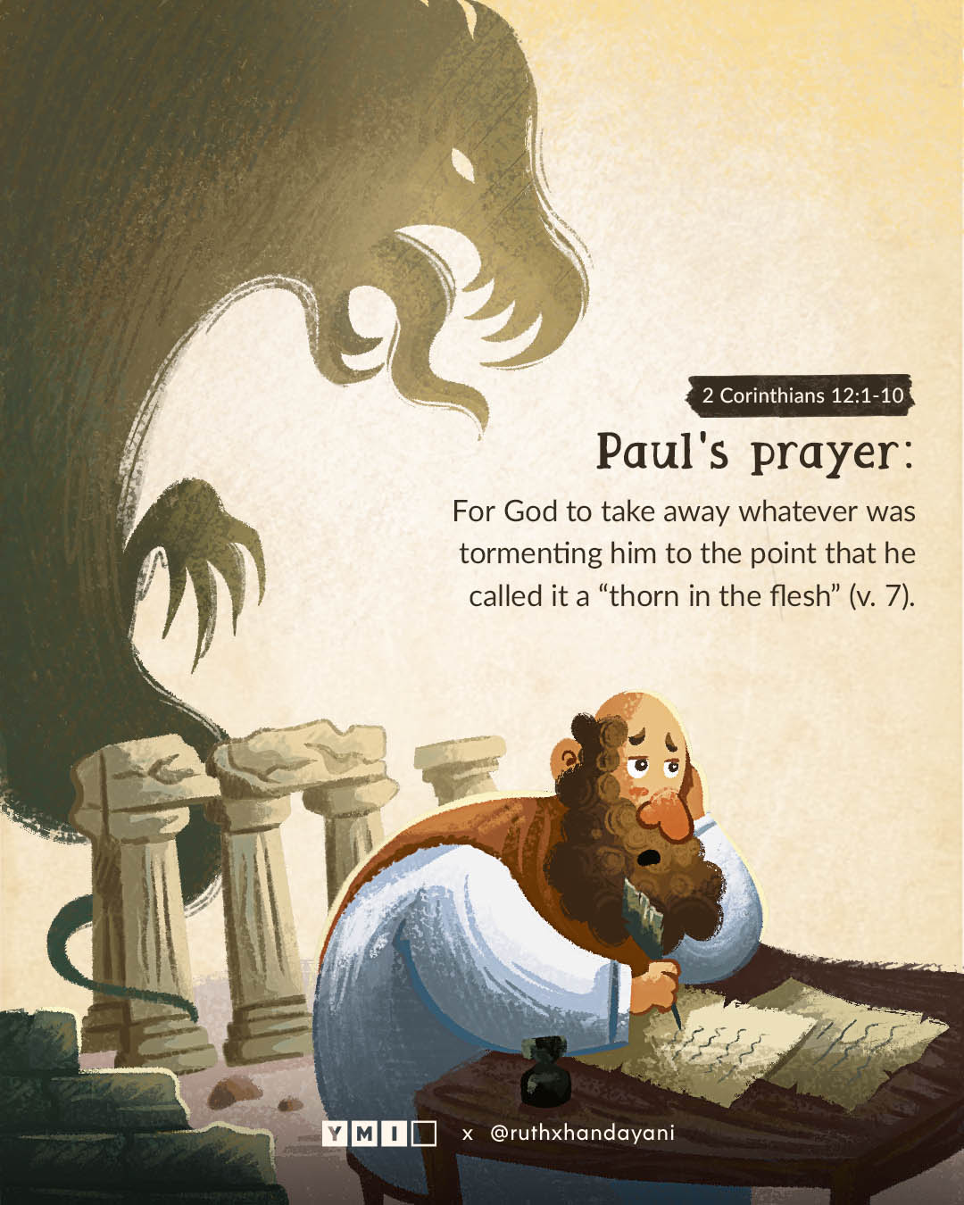 Paul praying with menacing shadow on the background