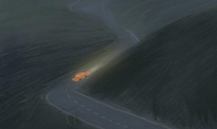 A car is driving on the road at late night