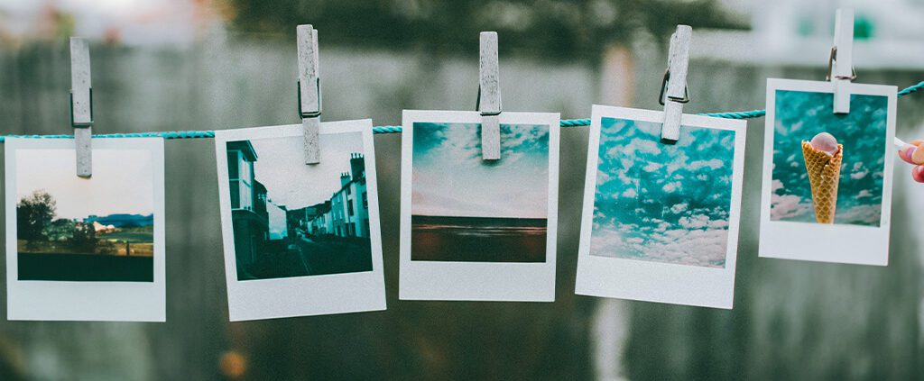 A row of film picture is hanging on the rope