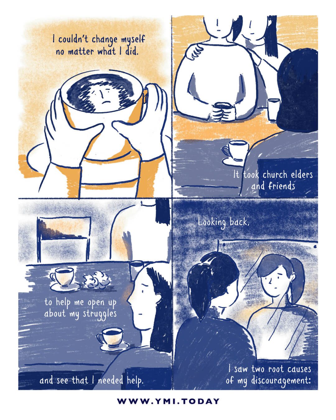 4 panel of comic: Showing the woman go a coffee date with church elders and her friend