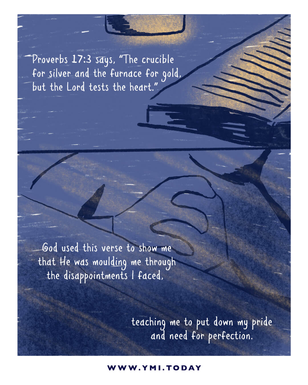 Two panel of comic: close up of the bible and candle, praying hand on the bed