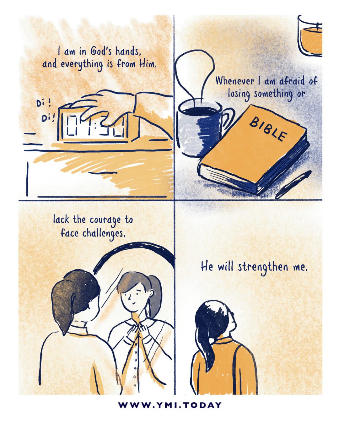 4 panel of comics: hand press the alarm, a coffee and bible, the woman tidy up herself, and looking up to the sky
