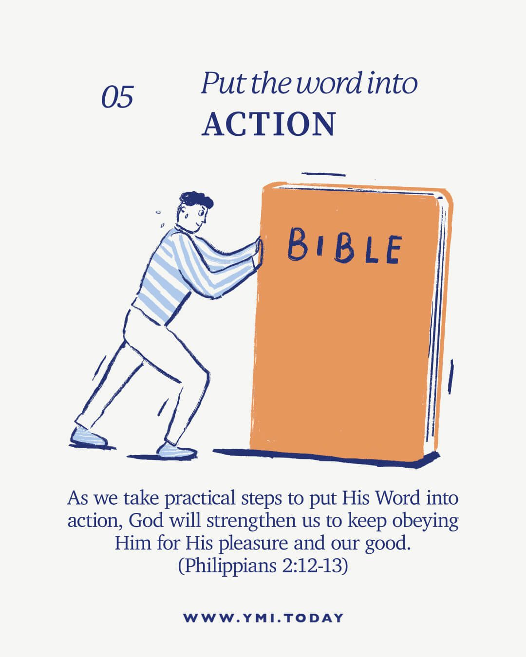 A man is pushing forward the giant bible